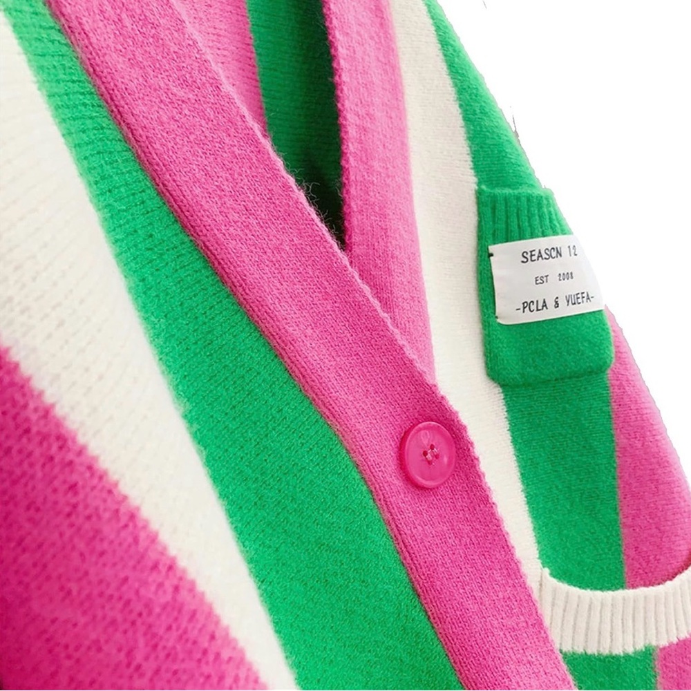 Pink and Green Striped Women's Sweater - Picture 3 of 6